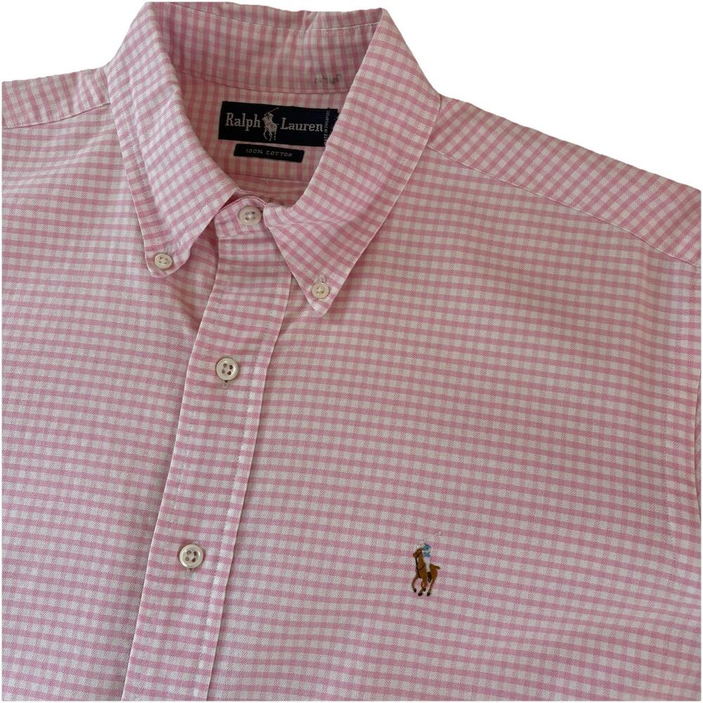 Ralph Lauren Men’s 16-34 Pink White Gingham Check Flesh Pony Button Down Shirt